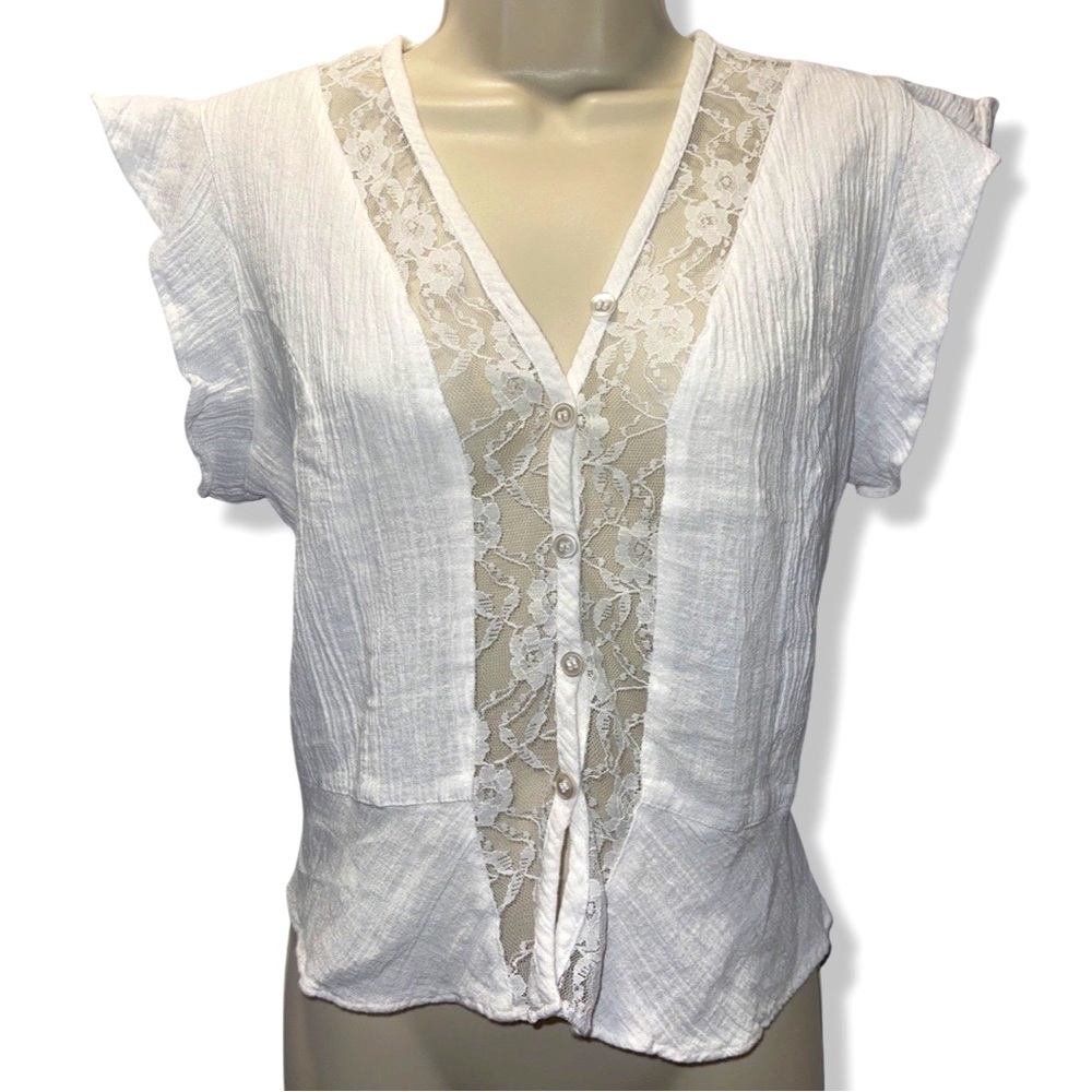 EUC - Speed Star Linen & Lace Button V-Neck Ruffled Cap Sleeve - Medium